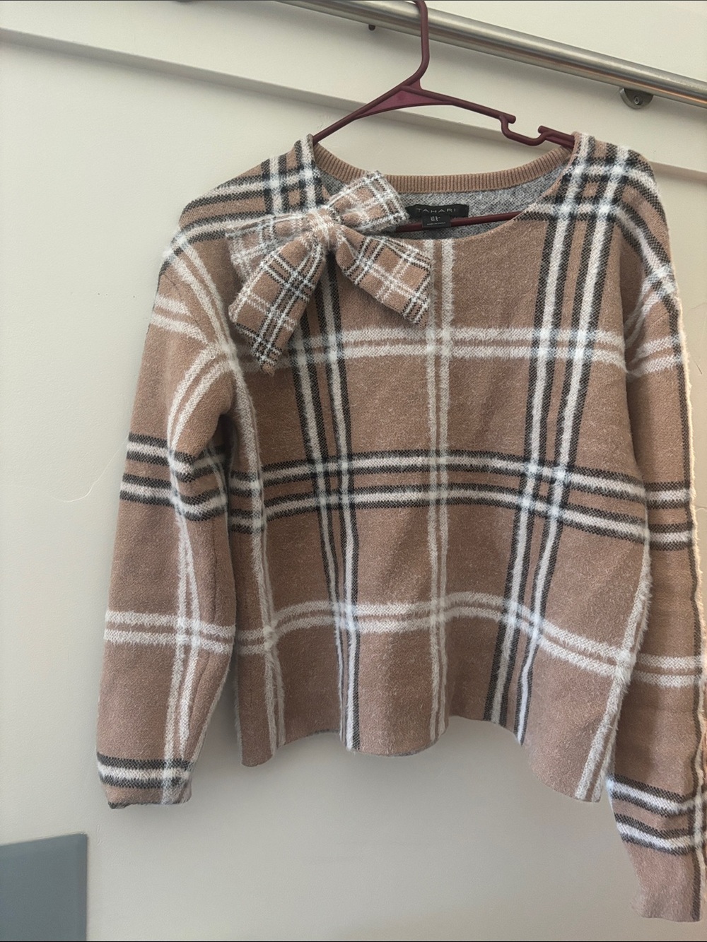 Tahari Beige Plaid Bow-Accent Sweater